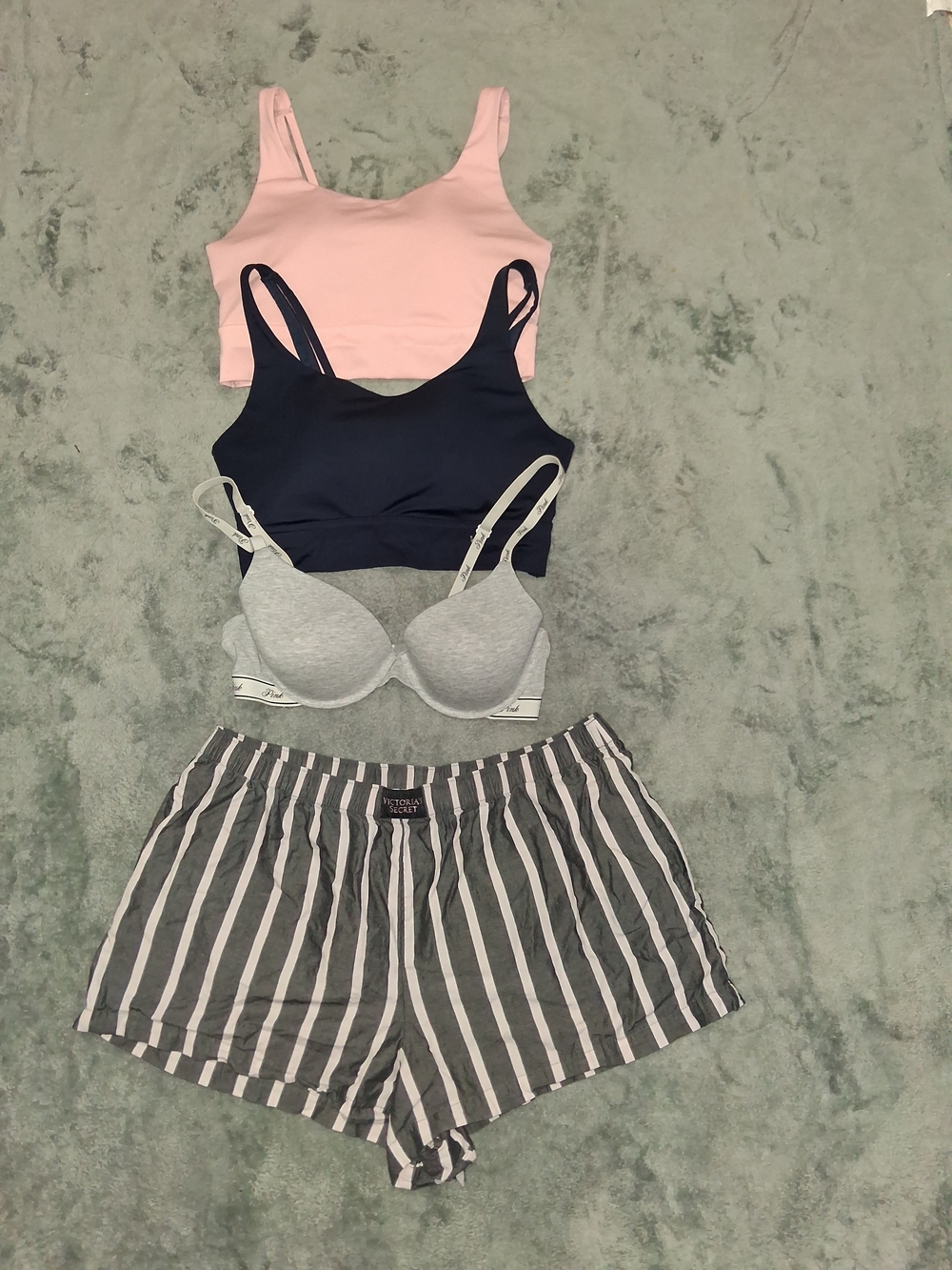 Bundle Victoria Secret  Shorts XL,Gray VSecret Bra, Avia Pink Navy Bra Tank